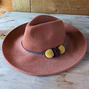 Warm Brown Felt Brimmed Hat w. Pom Poms
